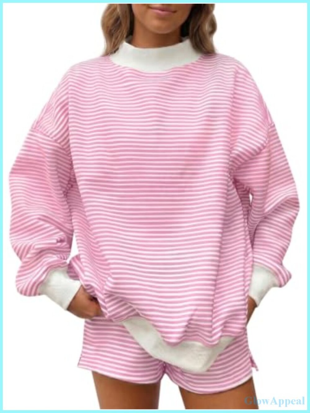Striped 2 Piece Lounge Set Mock Neck Lantern Sleeve High Waist Shorts Set